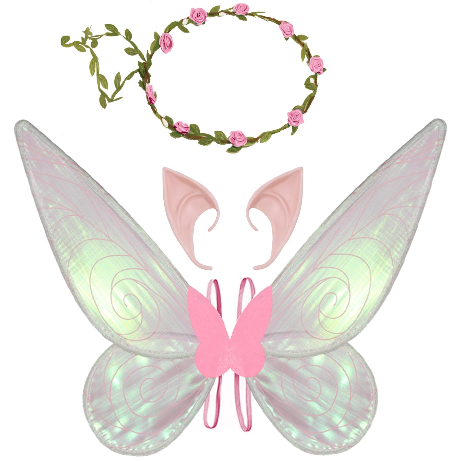 Fairy Wings for Girls Women,Butterfly Wings for Adults, Halloween Costume Angel Wings with Headband Elf Ears Dress Up Cosplay Party (Pink)