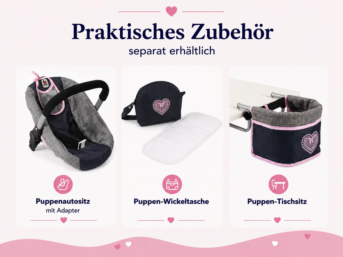 Bayer Chic 2000 Poussette poupée Mika 2 en 1 Pliable et réglable | Poussette poupée 2 en 1 pliable avec poignée réglable (47-80 cm), pour poupées jusqu'à 52 cm.
