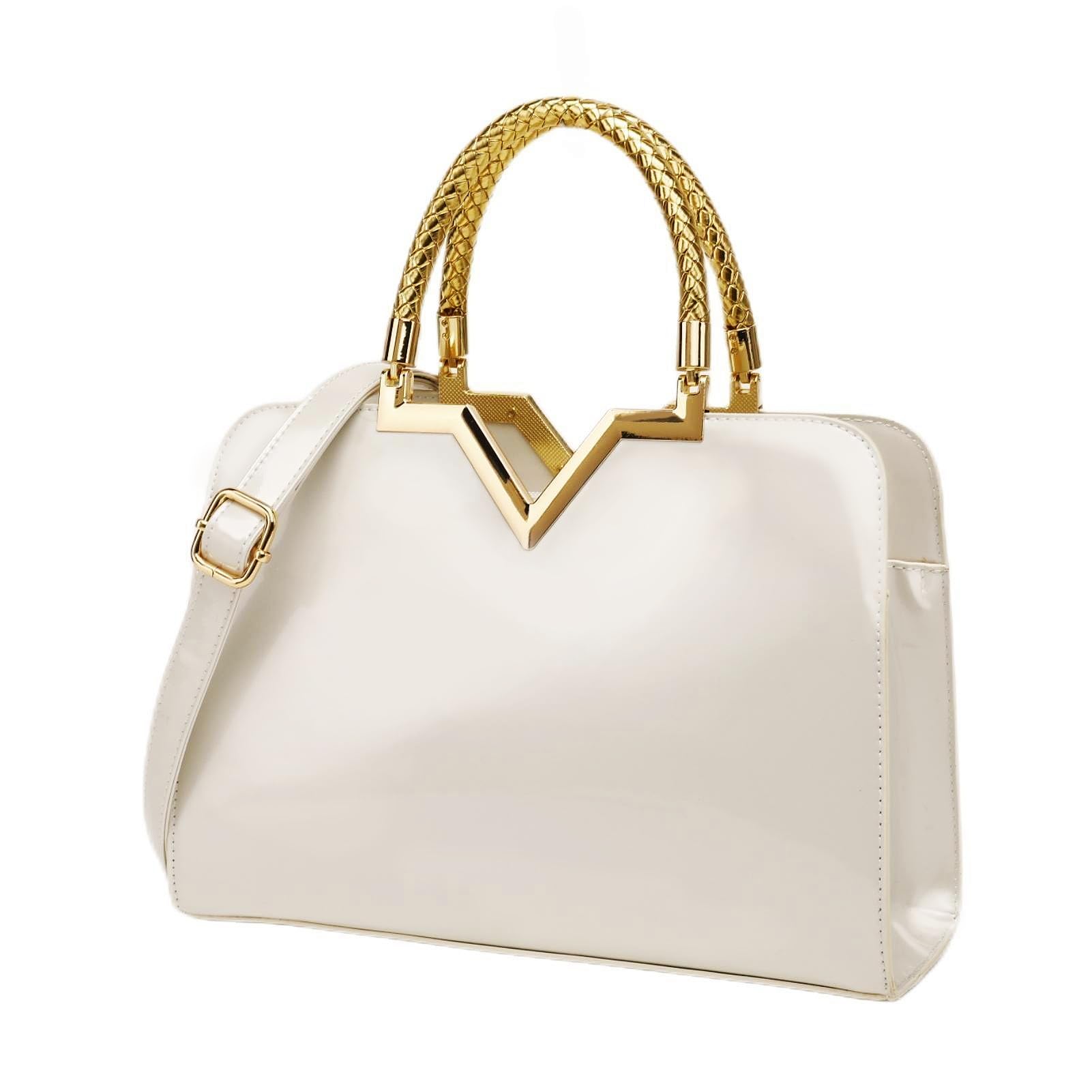 Le VechtooShiny Lady Women's Handbag & Shoulder Bag Glossy Patent Leather Crossbody Strap Top Handle Work Square Tote Branded Designer Purse Fashion Formal Elegant Dress Cute PU Satchel Bling Medium Cream White