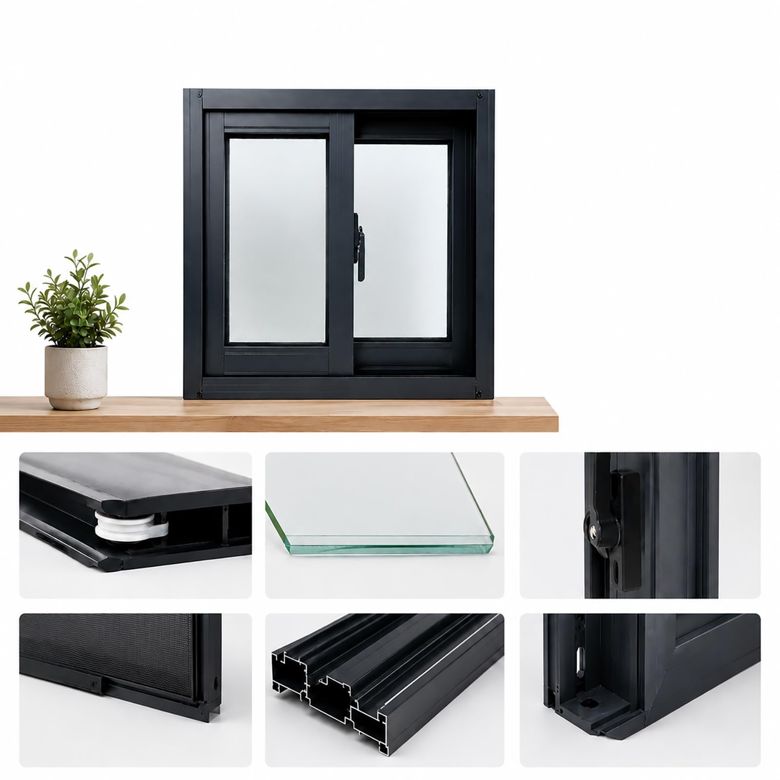 Sliding Basement Window with Tempered Frosted Glass and Aluminum Frame for Chicken Coop, Mobile Home, Weatherproof & Ventilated with Screen(Dark Gray W*H,29"*29")