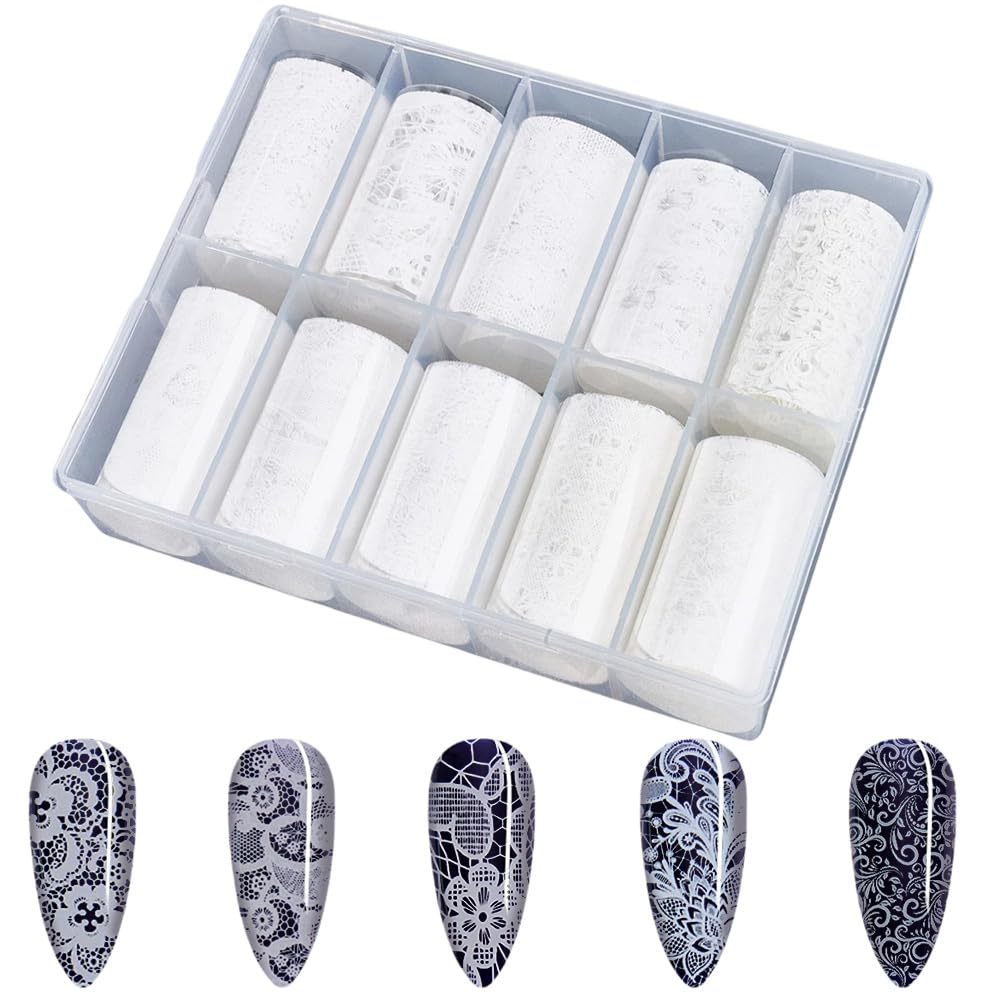 SOFPLATE 1 Box Extra Wide 4cm White Nail Foil Transfer Nail Art Transfer Paper Hollow Lace Floral Flower Elegant PET Holographic Craft Decal Stickers Accessories for Manicure Tips Art DIY Making Decor