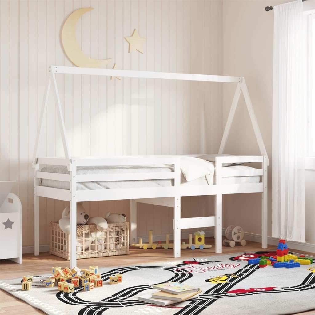 Letto a Soppalco con Tetto Bianco 90x200 cm in Legno di Pino,Letto a Soppalco,Letto Soppalco,Letto a Soppalco,Struttura Letto,Letto a Soppalco con Tetto -3282093