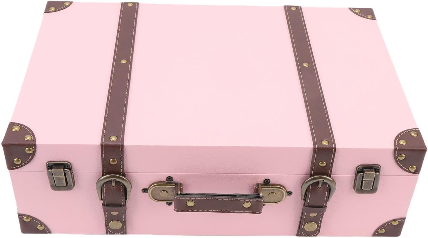 Fockety Vintage Travel Suitcase, Paperboard Travel Style Decorative Wooden Suitcase Box, 17.7X11.8X5.9in Portable Storage Chest for Crafts, Art Hobbies and Souvenir Collection (pink)