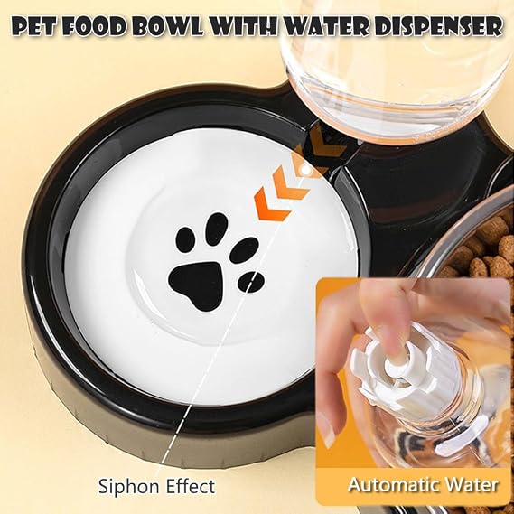 3-in-1 Cat Food and Water Bowl Set, Tilted Stainless Steel Bowls with Stand, Double Food Bowls with Water Dispenser, Pet Feeding Station for Cats Small Dogs, Black