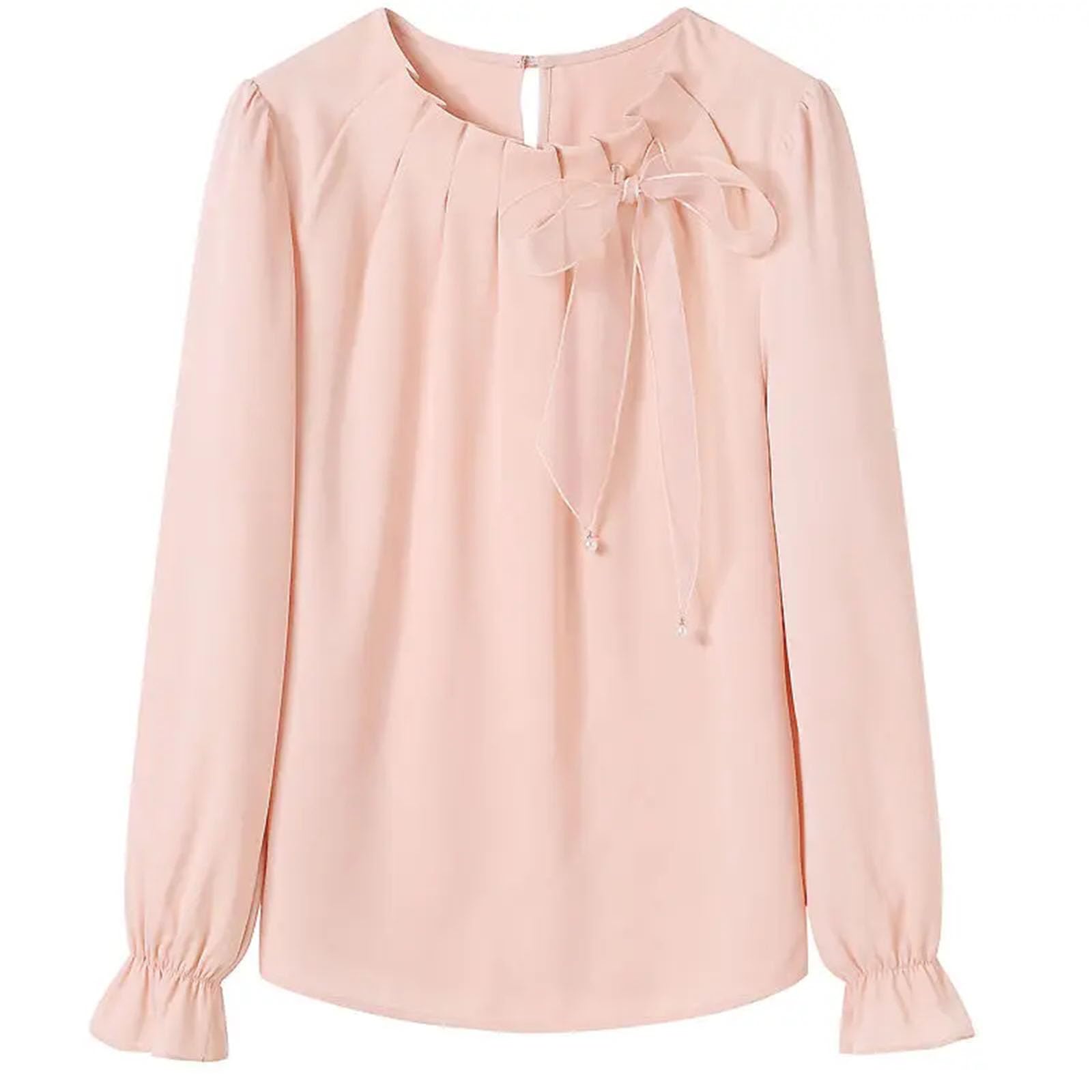 Blusa de gasa plisada con lazo y cuello redondo para mujer, diseño de color sólido, camiseta de manga larga que combina con todo