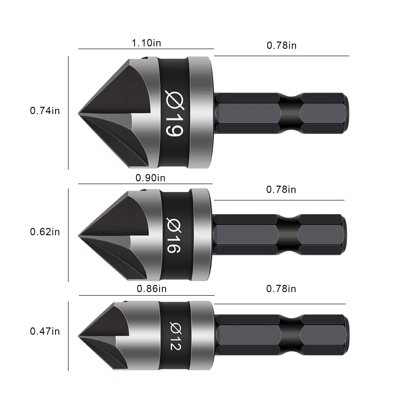 3 Pcs Countersink Drill Bit,Set Counter SinkBits Wood Countersunk Chamfer Tool Sink 90 Degree Adaptor Trend Carbide Tipped Depth Flute Hex Shank 12MM 16MM 19MM,for Hinge Kit Metal WoodWorking Stopper - Image 2