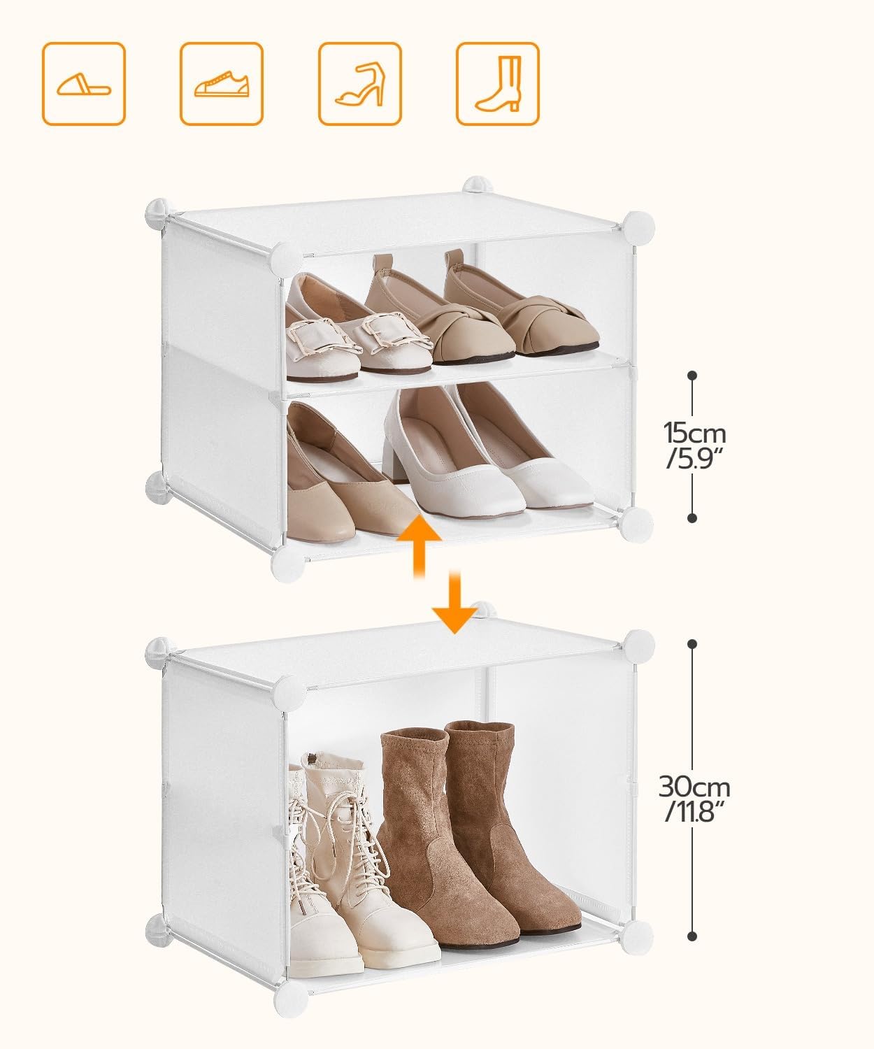 HOOBRO Zapatero Modular con 5 Compartimentos, Mueble Zapatero, Estantería de Plástico, Cajas DIY, con Puerta, con Martillo, para Entrada, Armario, Pasilo, Blanco EWT11SC01G1
