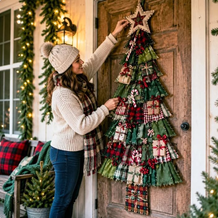 DIY Oversized Patchwork Christmas Tree Door Hanger Kit, 3D Fabric Sewing & Assembly Craft Kit for Adults, Holiday Home Wall & Entryway Decor, DIY Quilted Christmas Tree Kit for Front Door Display，#1