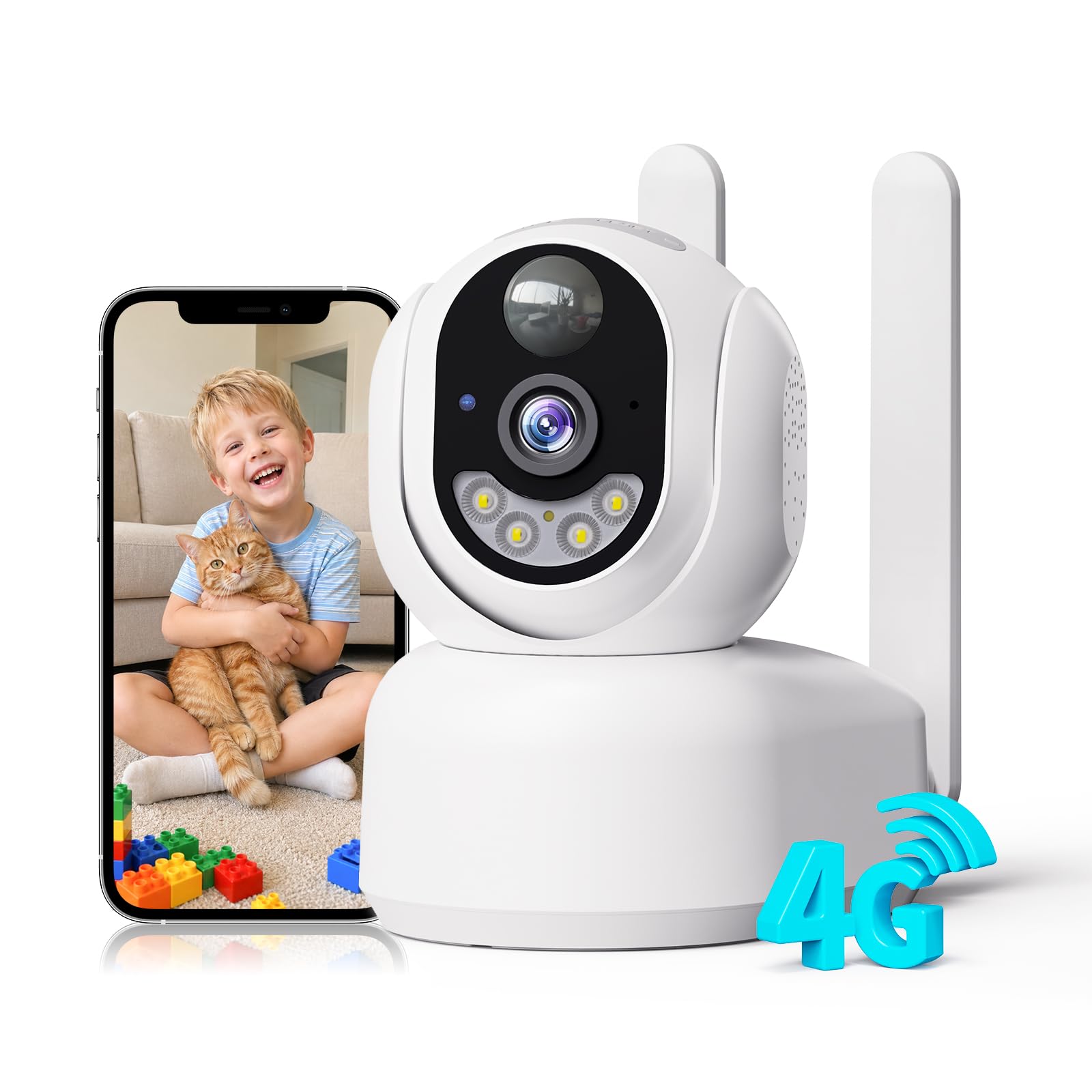 NUASI 4G LTE Camara Vigilancia Interior con Tarjeta SIM Inalámbrica, 2K HD | 360° PTZ IP Cámara de Seguridad con Batería, sin WiFi, Visión Nocturna a Color, Detección de PIR, Audio Bidireccional, IP66
