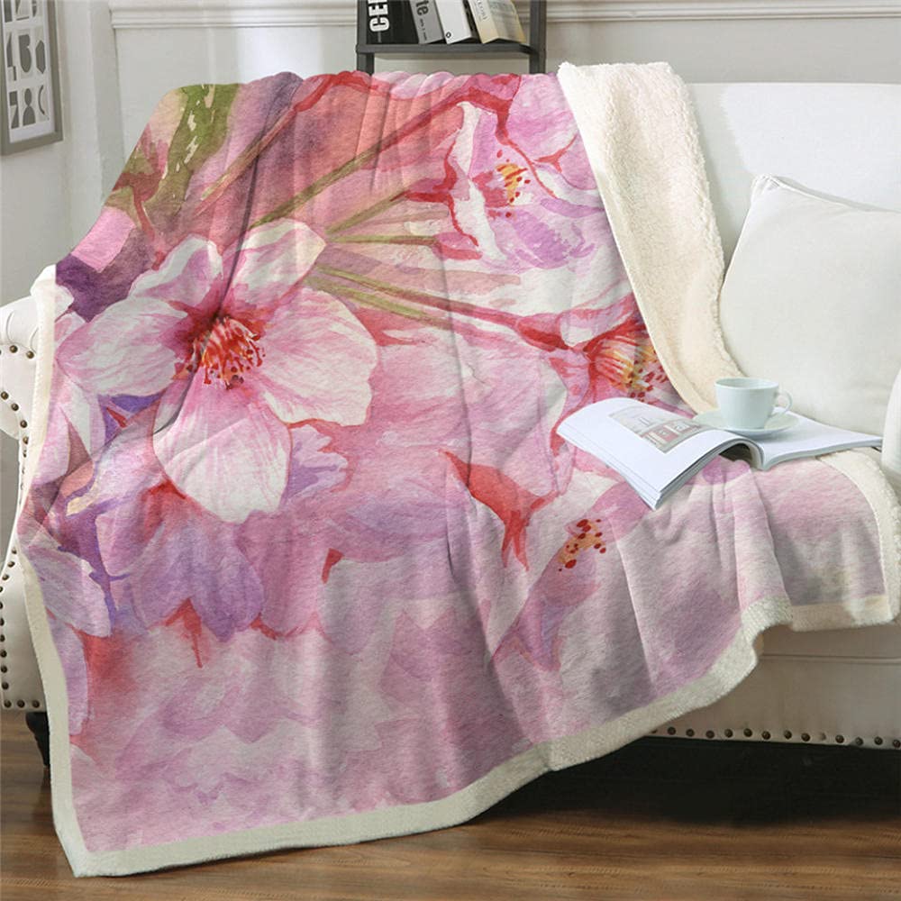 BCJMKDX Blanket, Sherpa Throw Blanket Blue Fleece Throws Blankets for Sofas Super Warm(Pink Flowers,130x150cm)