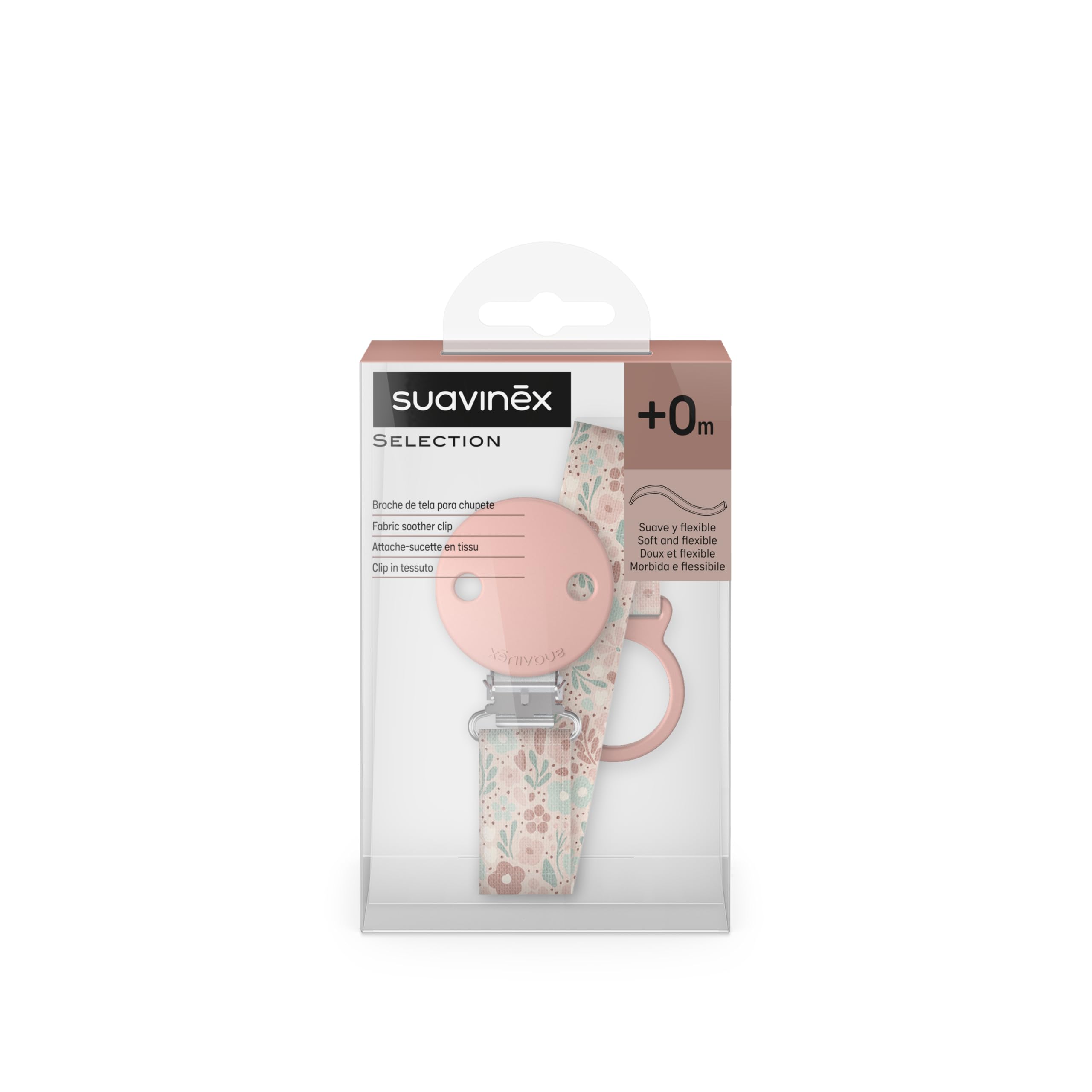 Suavinex, Portaciuccio in tessuto per neonati, Nastro con disegno double-face, Catenella per ciuccio, Clip con fermaglio, per ciucci con anello. +0 mesi, adatto ai neonati, Wonder Fiori Rosa