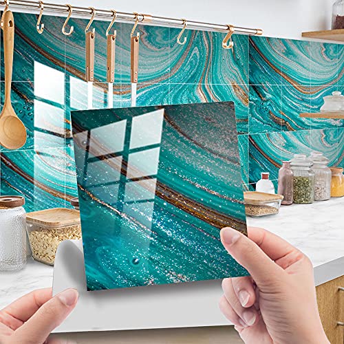 10 Stück Küchenrückwand Fliesenaufkleber, Hiser Marmor Mosaik Stil Wasserdicht Ölfest Stickerfliesen Marmor Deko Selbstklebende für Badezimmer Wohnzimmer Dekoration (Blau,20x20cm) Cover