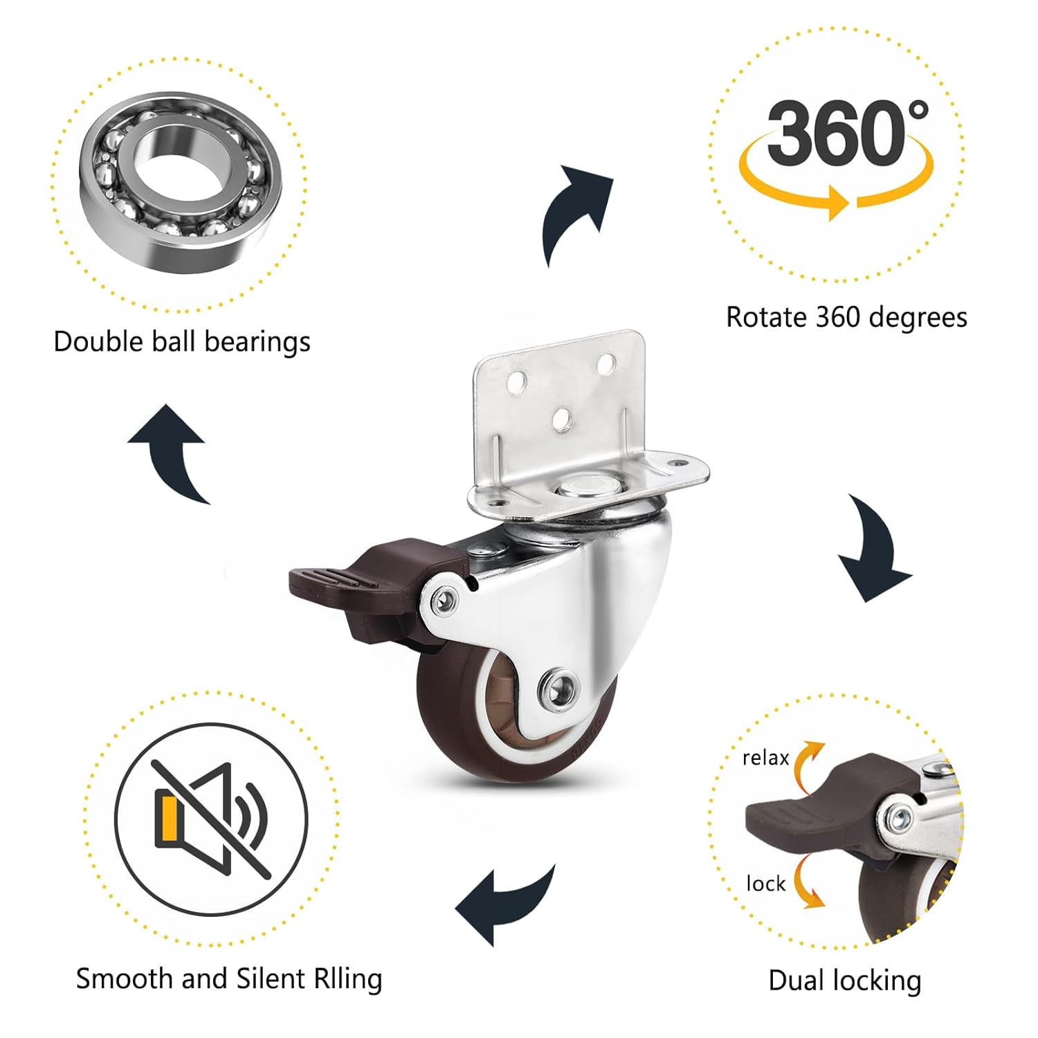 Silent and Durable Swivel Plate Caster Wheels with Brake - Small Furniture Replacement Set of 4 (2inch, 2brake 2withot)