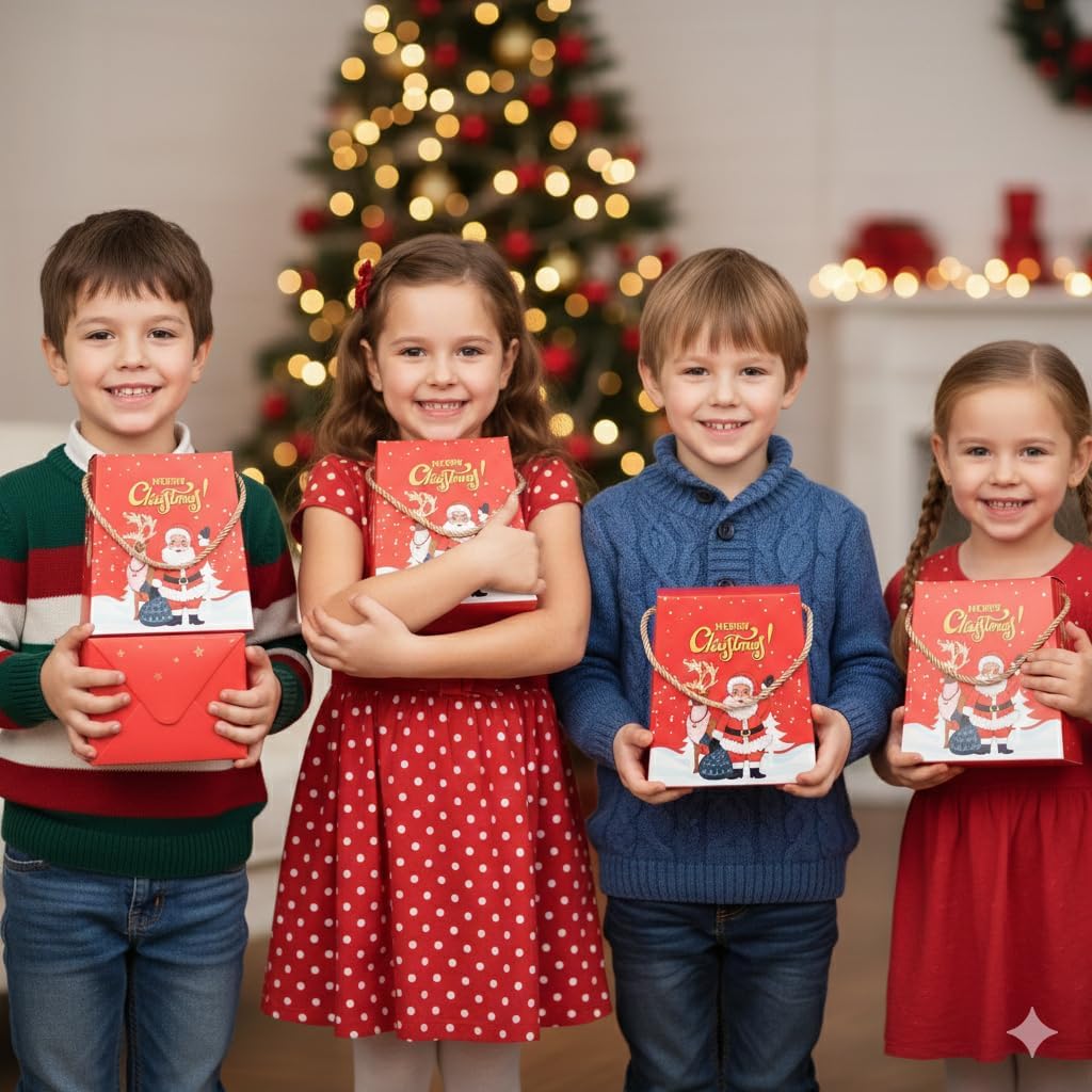 zig zag Christmas Gift Hamper Boxes (12pcs Pack) – Ideal for Children Gifts, Party Favors,Celebration,Return Gifts & Festive Gifting Xmas Printed Paper Boxes with Thread 6 x 3 x 6 Inch, Red