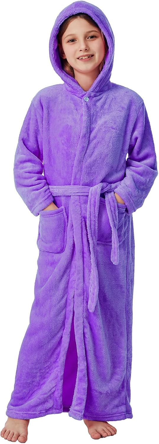 ACTLATI Girls Hooded Plush Bathrobe Full Length – Soft Fleece Robe with Belt & Pockets, Long Kids Robe for Girls Ages 3-13