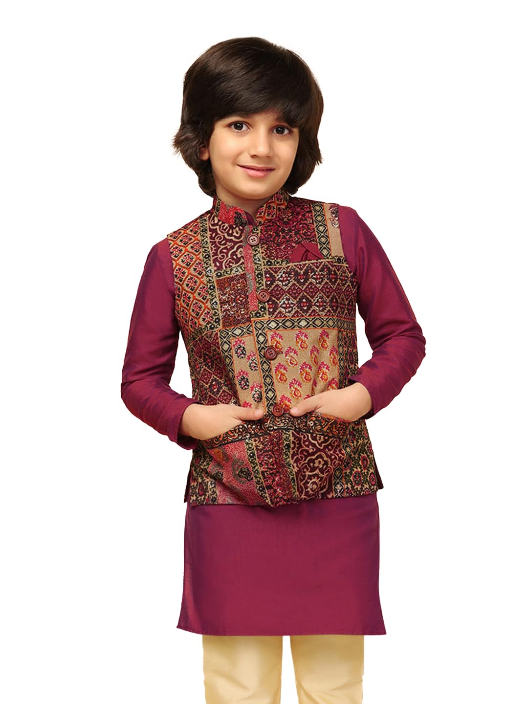 Kisah Boys Kurta Jacket Set Silk Blend Printed Regular Fit Kurta Nehru Jacket Pajama Set For Kids, Multi, 7-8 Years
