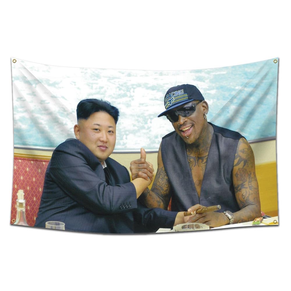 Kasflag Kim Jong Un & Rodman Flag Banner Tapestry (3x5ft,Heavy Duty, Durable 150D Polyester) For College Dorm Man Cave