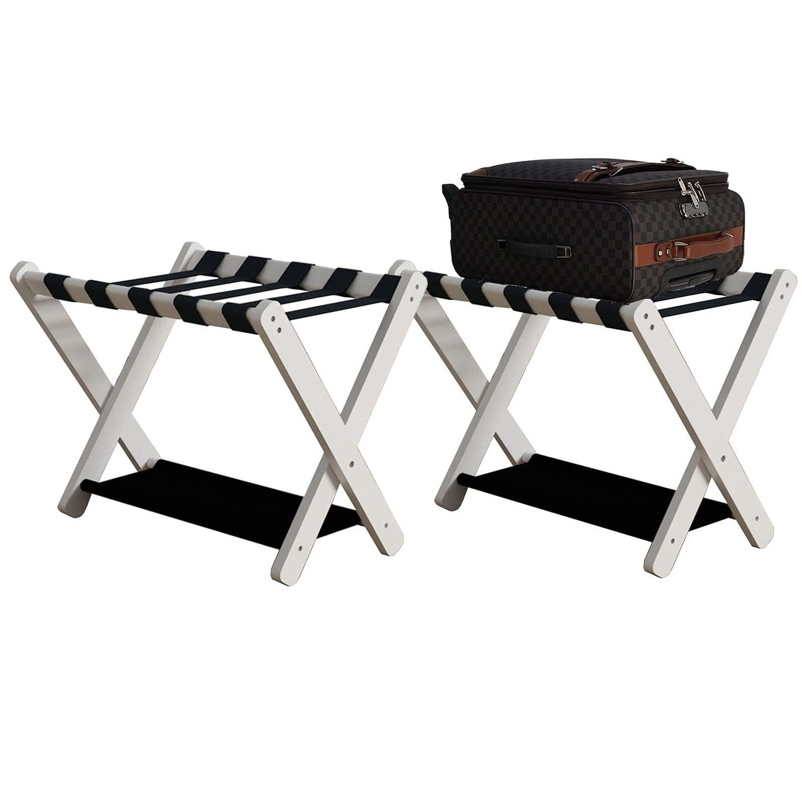 Portavaligie in Legno Massello - Reggivaligie Pieghevole Portatile per Hotel, Portavassoi da Comodino A 2 Livelli per Camera da Letto, Facile da Montare (Confezione da 2) (Color : White)