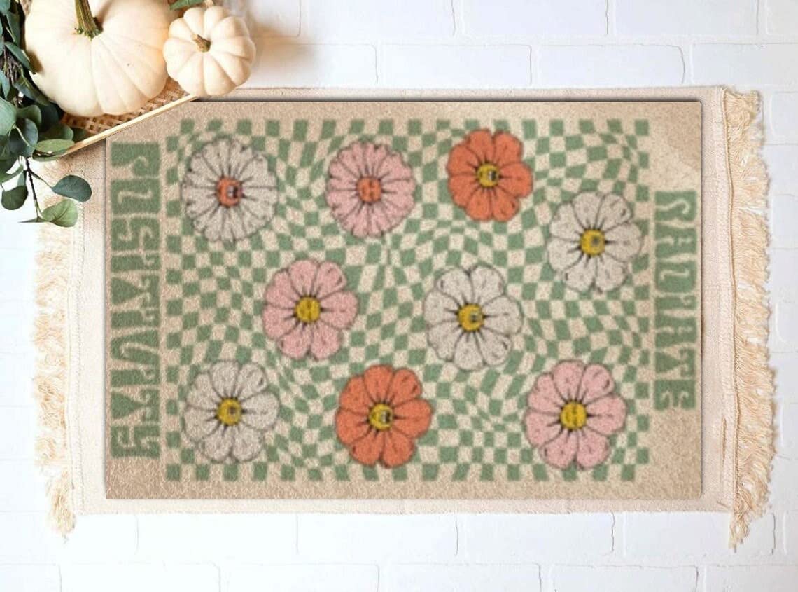 SXU Retro Floral Doormat, Green & Multicolor, 16x24 Inch, High Pile, Water Resistant, Indoor Use