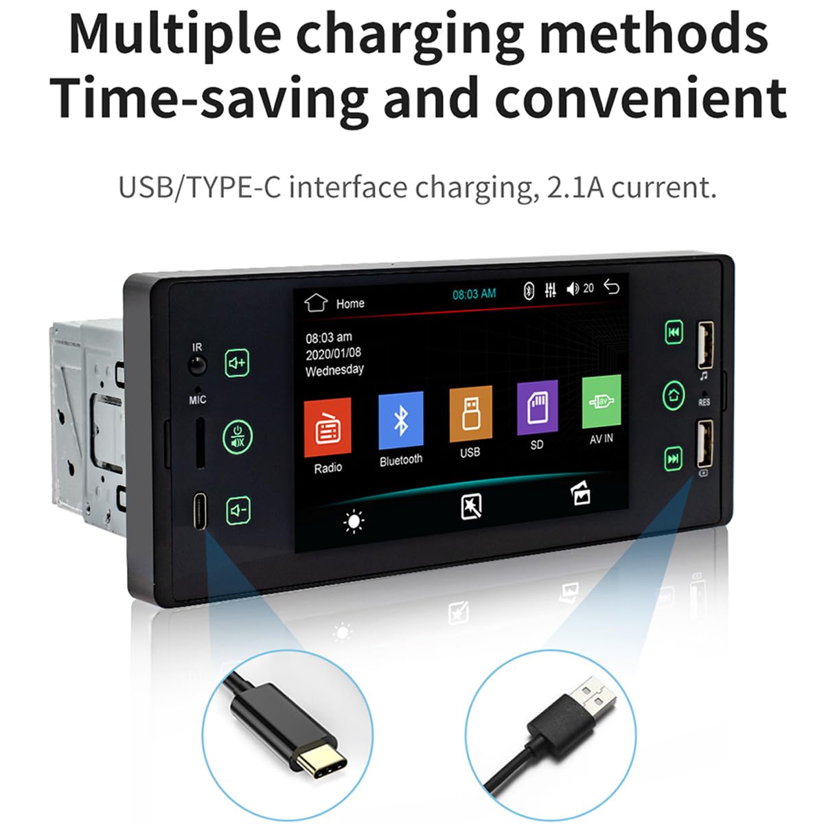 Wireless Apple Carplay Car Radio 1 Din with Android Car FM/AM/RDS Radio Bluetooth Hands-free 5.1 inch Car Radio with Mirror Link Bluetooth USB/AUX/ TF/EQ/DVR Steering Control Rear View Camera