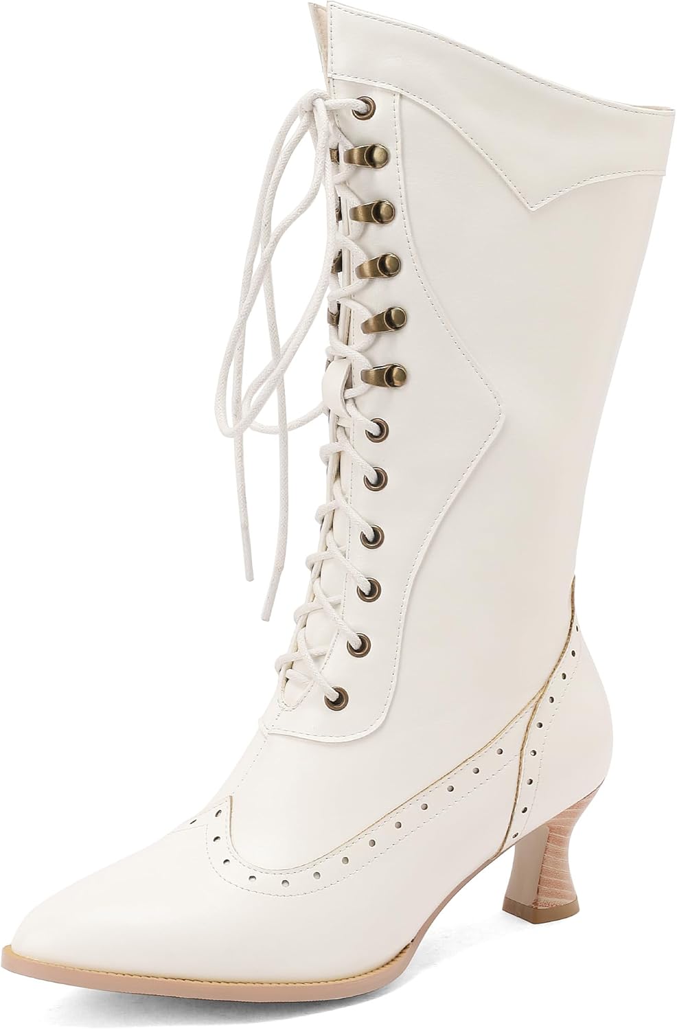 Goth Victorian Boots for Women Gothic Chunky Heels Lace Fishnet Mid-calf Boot Lace-up Wedding Cosplay Witch Costume Booties Shoes