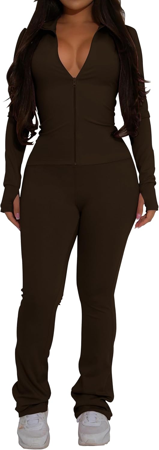 PINSV Women's 2 Piece Outfits Long Sleeve Zip Up Jacket Flare Pants Matching Tracksuit Set