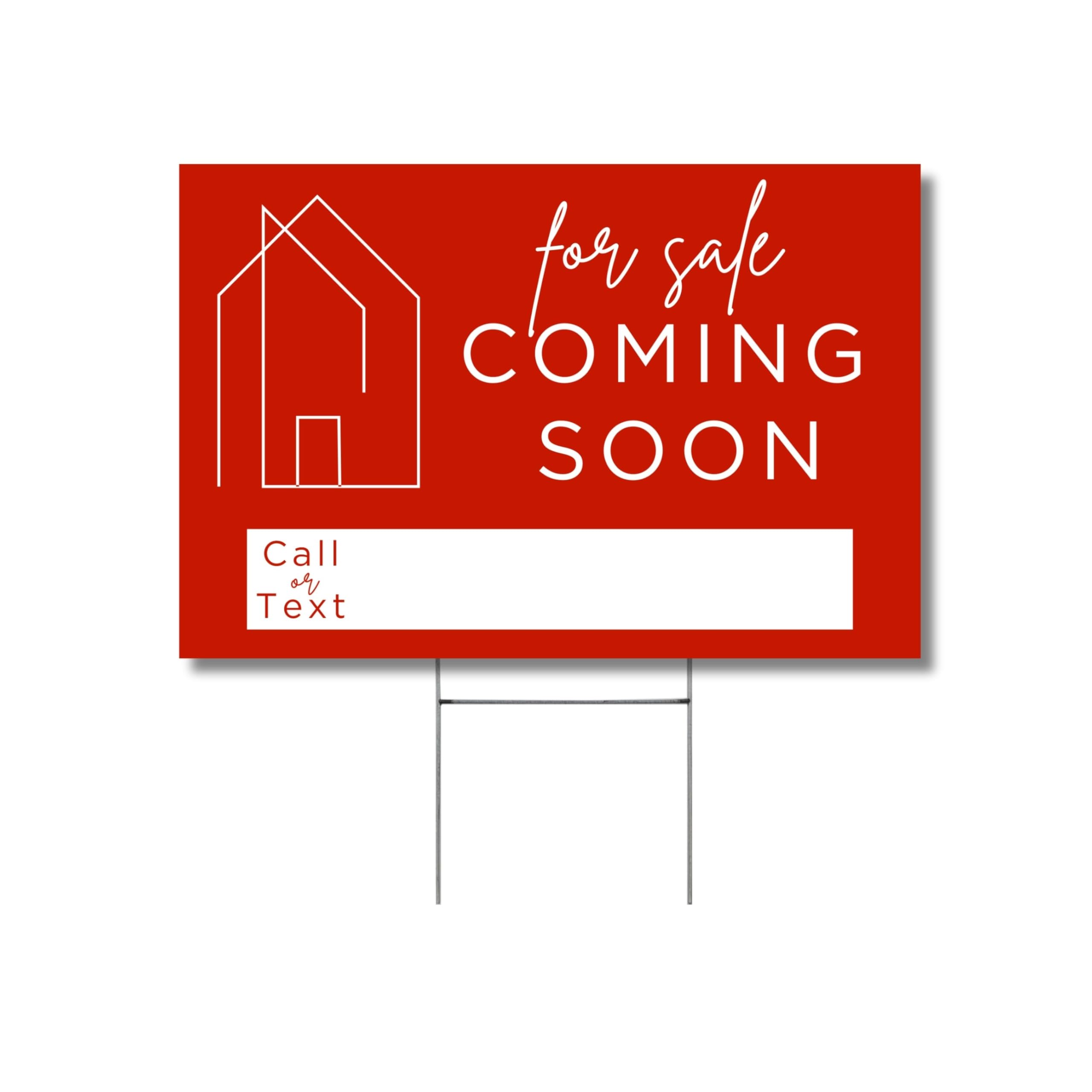 Coming Soon Real Estate Sign for Home | 12 x 17” Yard Sign with H Frame Stake Home Double Sided Open House Realtor For Sale by Owner Red White Minimalist Modern