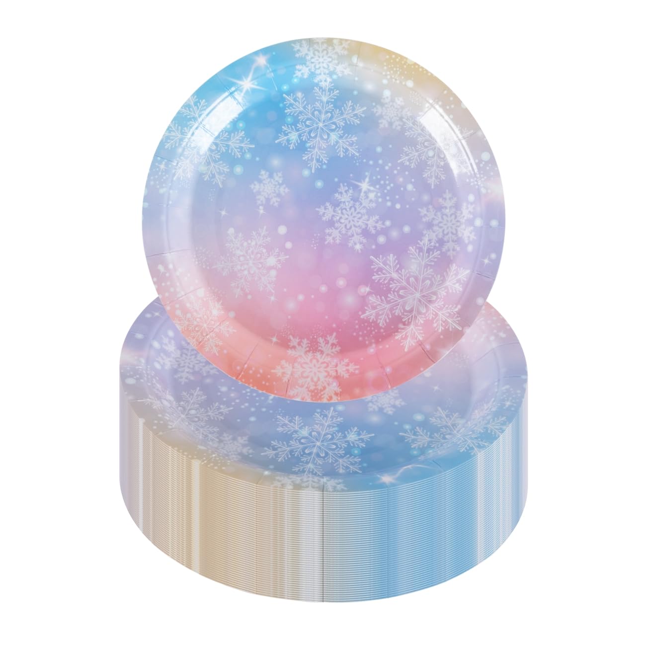 PHUNAT Pink Gradient Paper Plates, Pack of 50, 7'' Dinner Plates, Snowflake Party Supplies for Winter Holiday, Xmas, Frozen Party