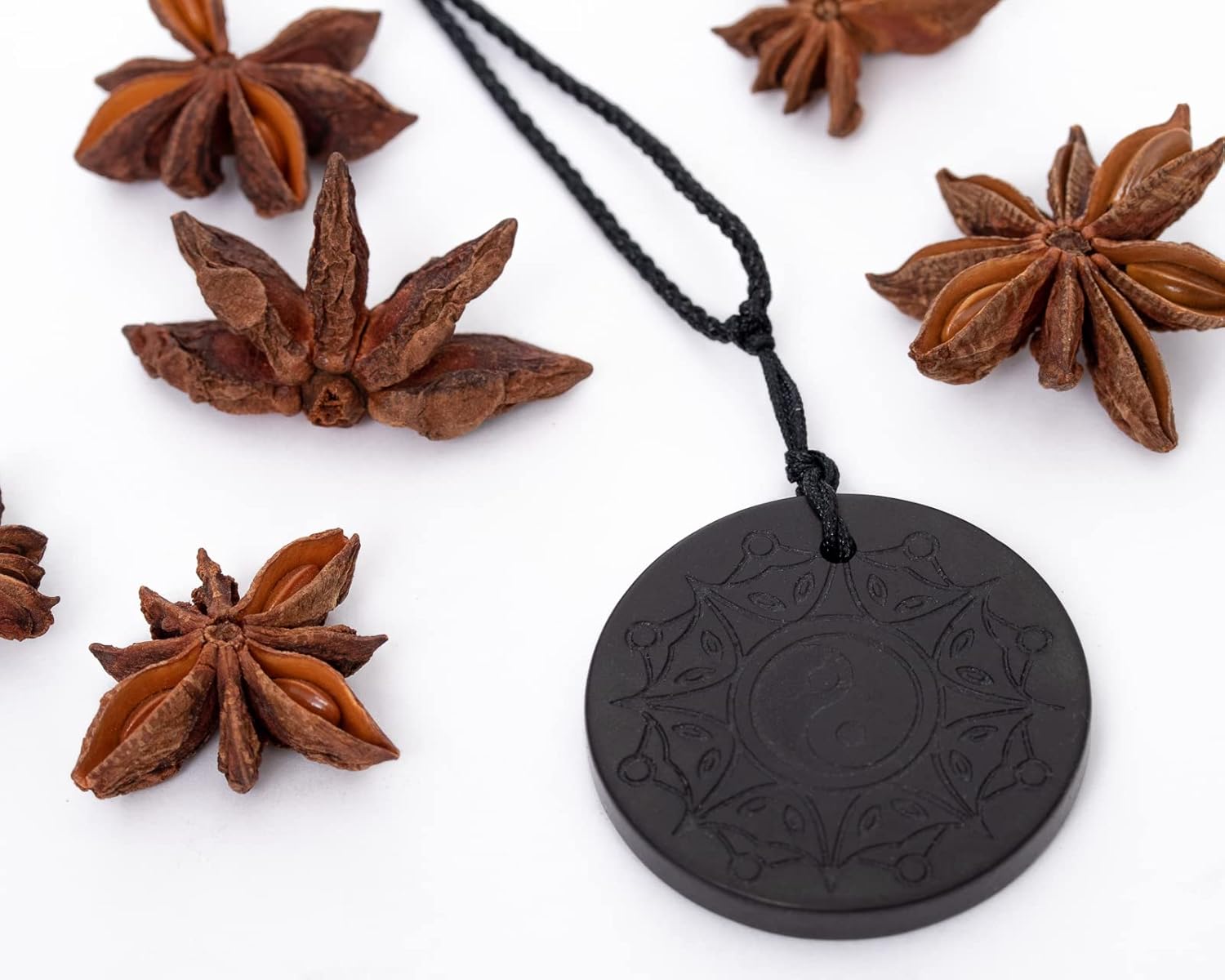 Shungite Engraved Pendant Circle with Cord - Authentic Healing Stone for Chakra and Energy Balancing - (Yin and Yang) - Image 5