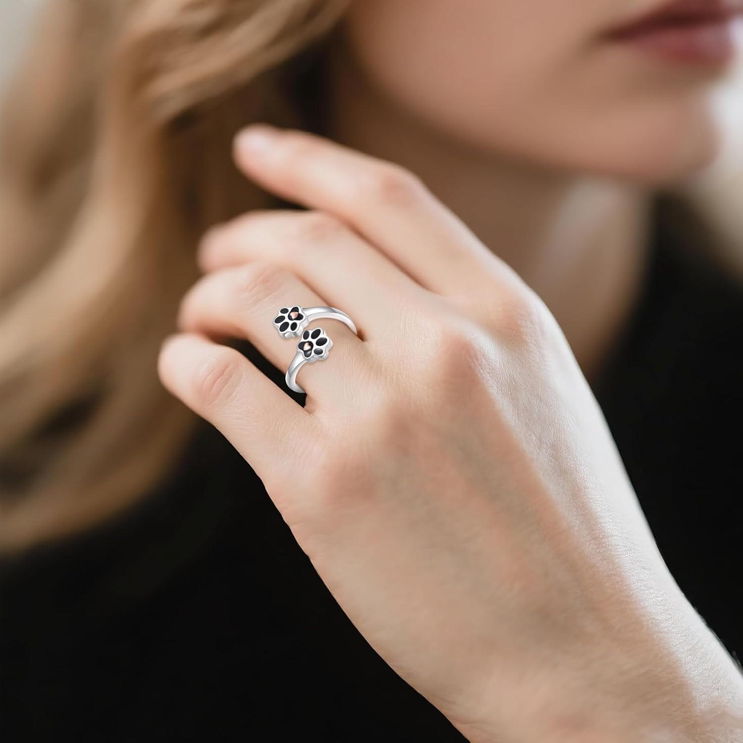 Paw Print Ring 925 Sterling Silver Dog Cat Adjustable Paw Ring Puppy Lovers Pet Memorial Jewelry Gifts for Women Pets Loving Friend Families