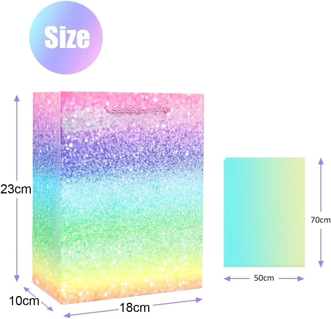 ZJHiome 12Pcs 9'' Gift Bags Medium Size Gift Bags with Tissue paper Rainbow Glitter Paper Bags with Handles for Shopping Birthday Wedding Baby Shower Christmas Party - Image 2