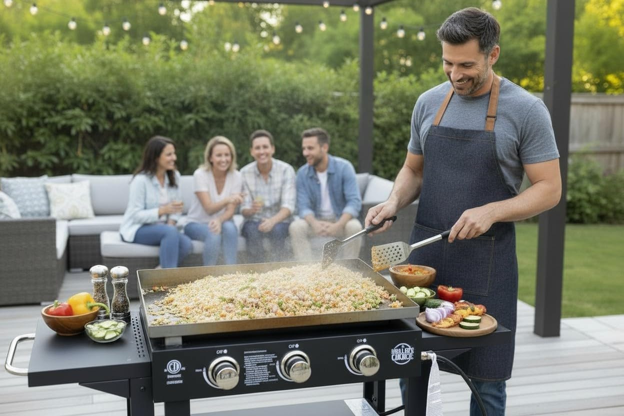 Griller's Choice Gas Griddle with Hinged Hood, Wind Guards, Front Grease Management, 4 Shelves, Propane Griddle for Flattop Grills Outdoor Cooking