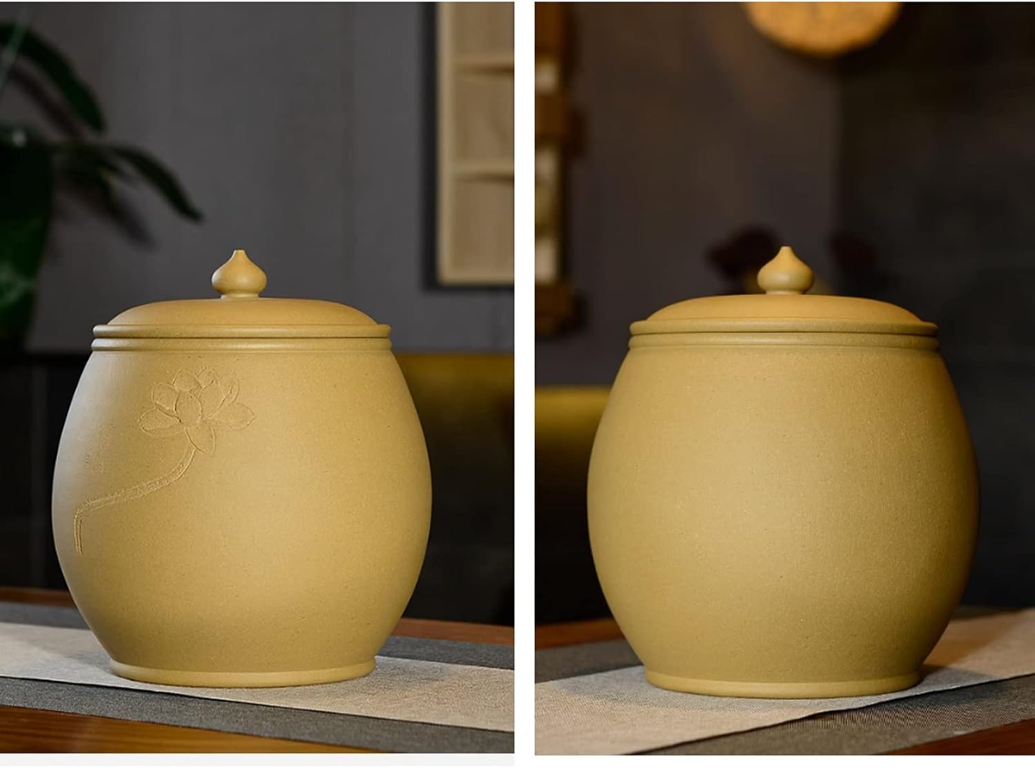 Tea Tin Chinese Purple Sand Tea Tins Khaki Ceramic Sealed Tank Storage with Lotus Pattern Decorate for Keeping Dry and Storing Loose Leaves Container(Large)