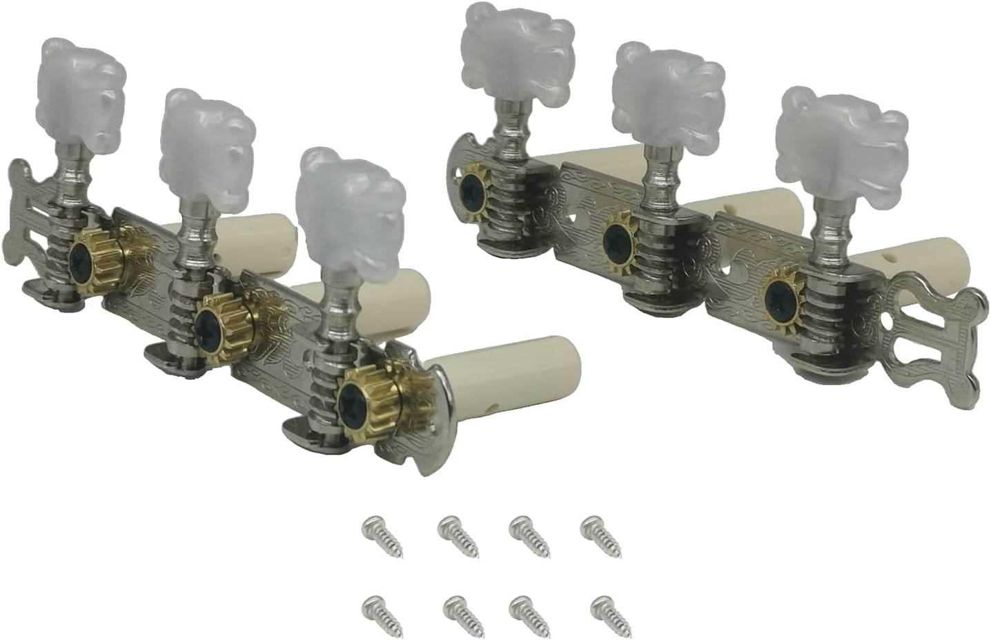 Chrome-plated 3-on-a-plate-tuner Lyra Style Classic Guitar String Head Tuning Pin Key Tuner Set, Guitar String Machine Heads Tuning Pegs Keys Pearloid Butterfly Button Nickel QH-JD-001S