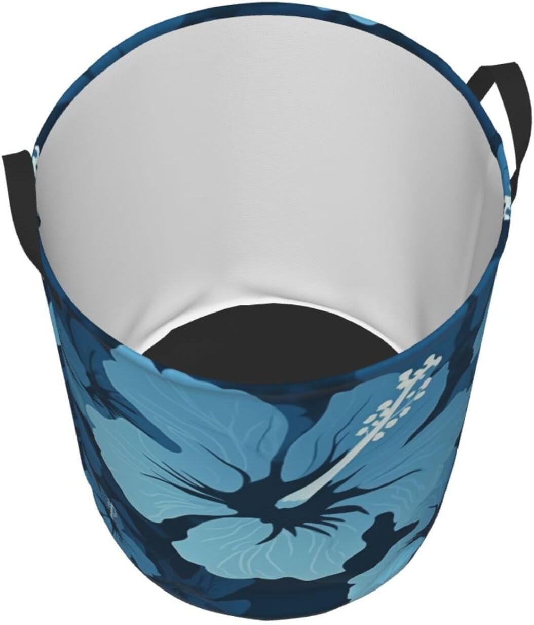 Blue hibiscus print Circular Hamper Waterproof Storage Bin Organizer Basket Laundry Hamper With Handles For Clothes Toys Medium