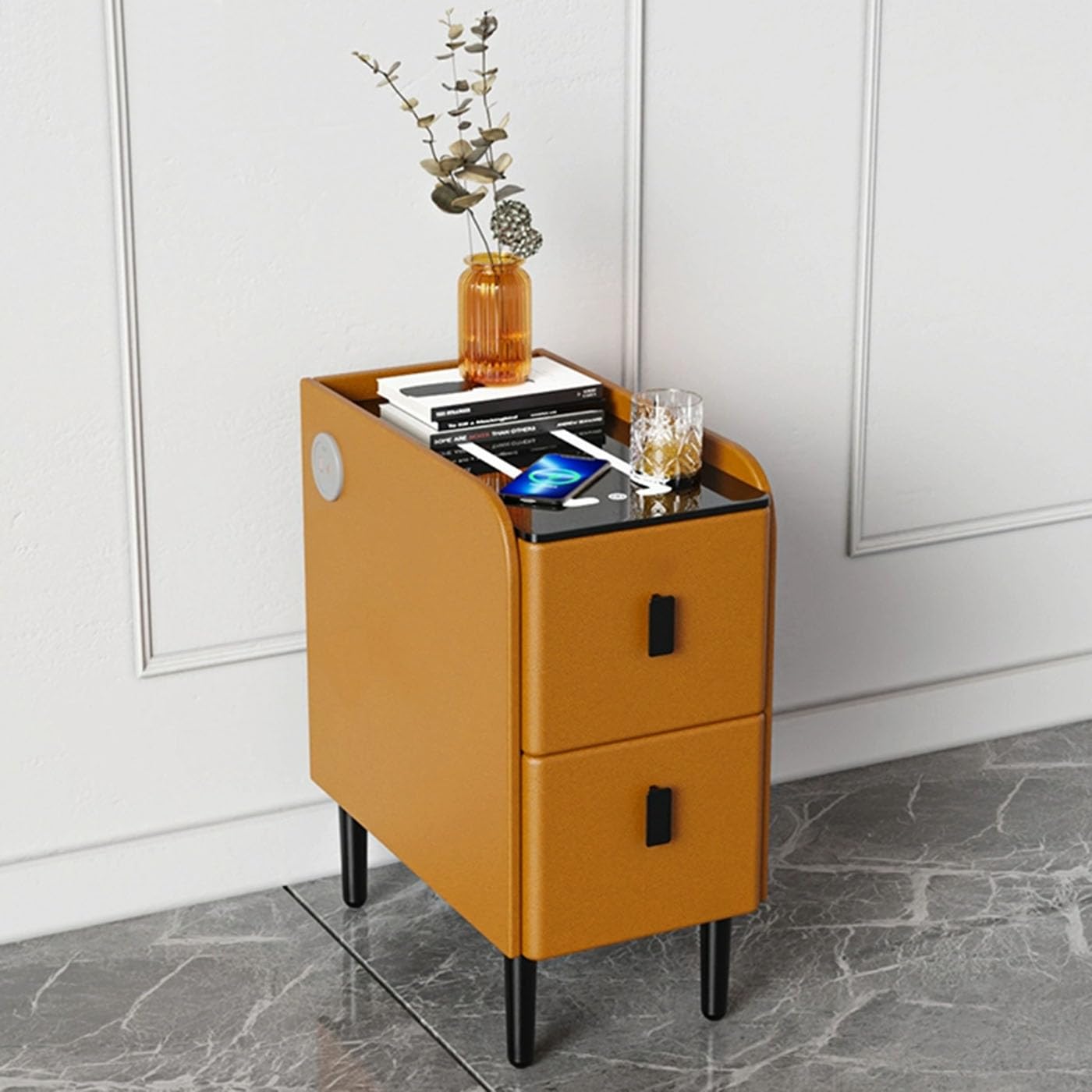 BHGFYXBS Smart Nightstand With Charging Station,3 Colors Led Lights End Table,Modern Bed Side Table With Drawer For Bedrooms,Light Gray-25X40Cm,Orange-35X40Cm,Orange-35x40cm