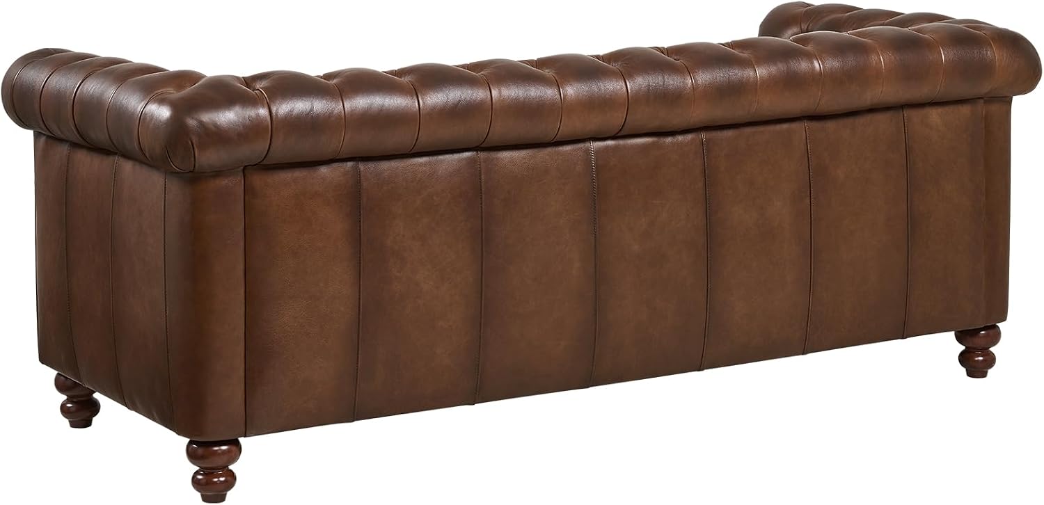 ONBRILL 80.7" Genuine Leather Sofa, Full-Grain Leather Chesterfield Sofa with Deep Seat & Tufted Back, Feather Down Filling, Classic Vintage Couch for Living Room, Office, Brown