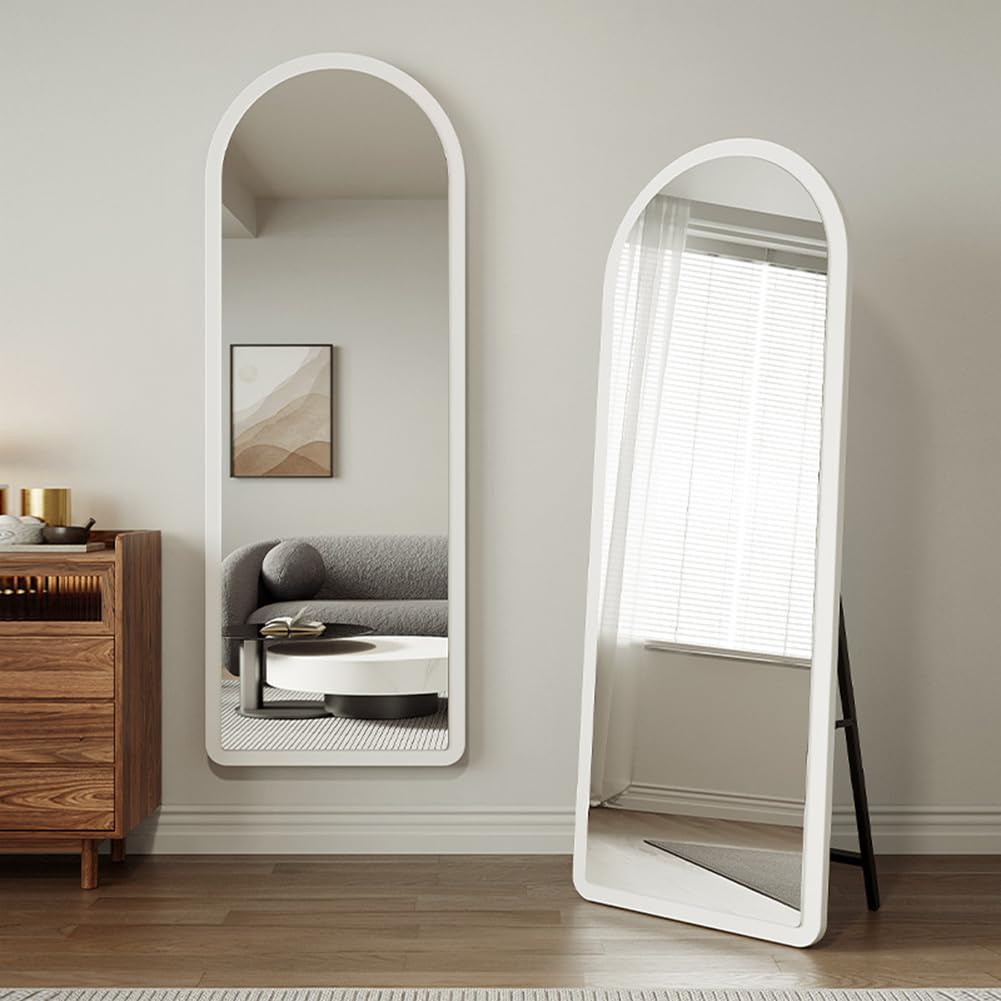 MOZOGOT 155x40CM Arched Floor Mirror Full Length Mirror, Large Floor Mirror with Stand Wooden Floor Mirror Leaning/Hanging Full Body Mirror for Bedroom Living Room Cloakroom (White)