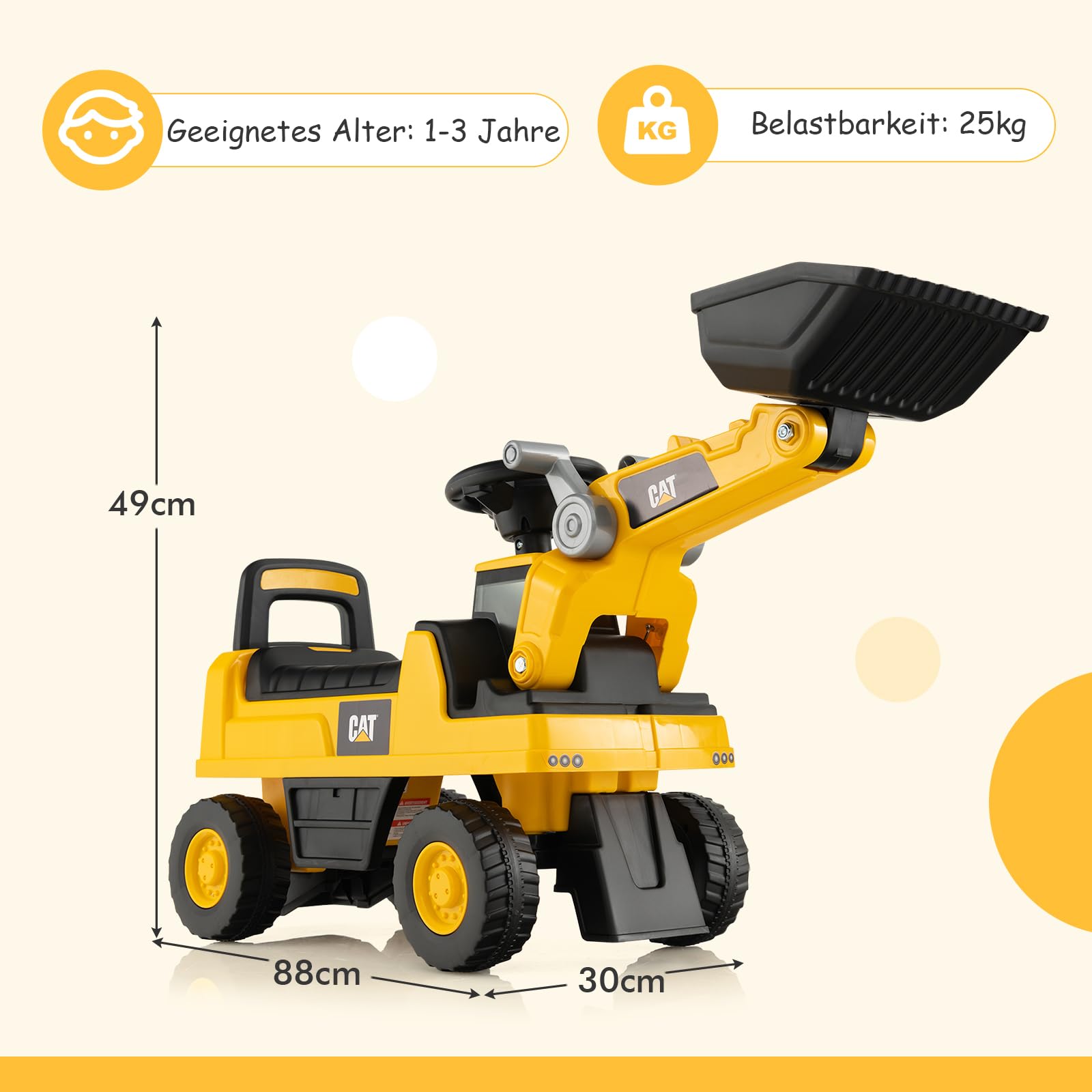 DREAMADE Sitzbagger, Bagger mit Lenkbarer Schaufel & Hupe, Rutschauto mit Stauraum unter Sitz, Aufsitzbagger mit Anti-Rutsch-Räder & Anti-Rollover-Vorrichtung für 1-3 Jahre (Bulldozer)
