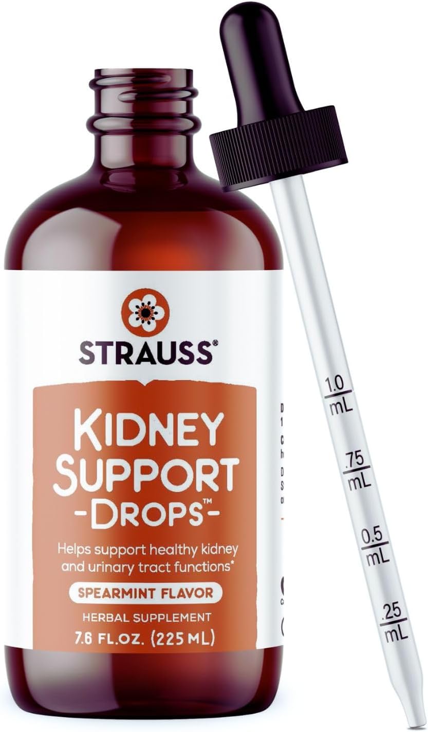 Strauss Naturals Kidney Support Supplement Drops for Men and Women – Kidney Cleanse Detox & Repair – Helps with Urinary Tract Function - Vegan & Non-GMO – Spearmint Flavored – 225 ml Bottle