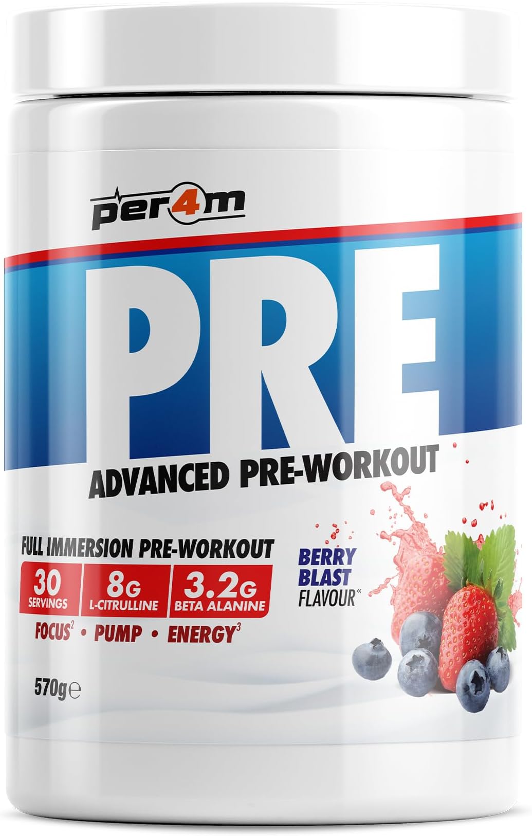 Per4m Pre Workout Powder | Intense Pump, Sustained Energy & Mental Focus | L-Citrulline, Beta Alanine & Caffeine & Added Hydration (570g, Berry Blast)
