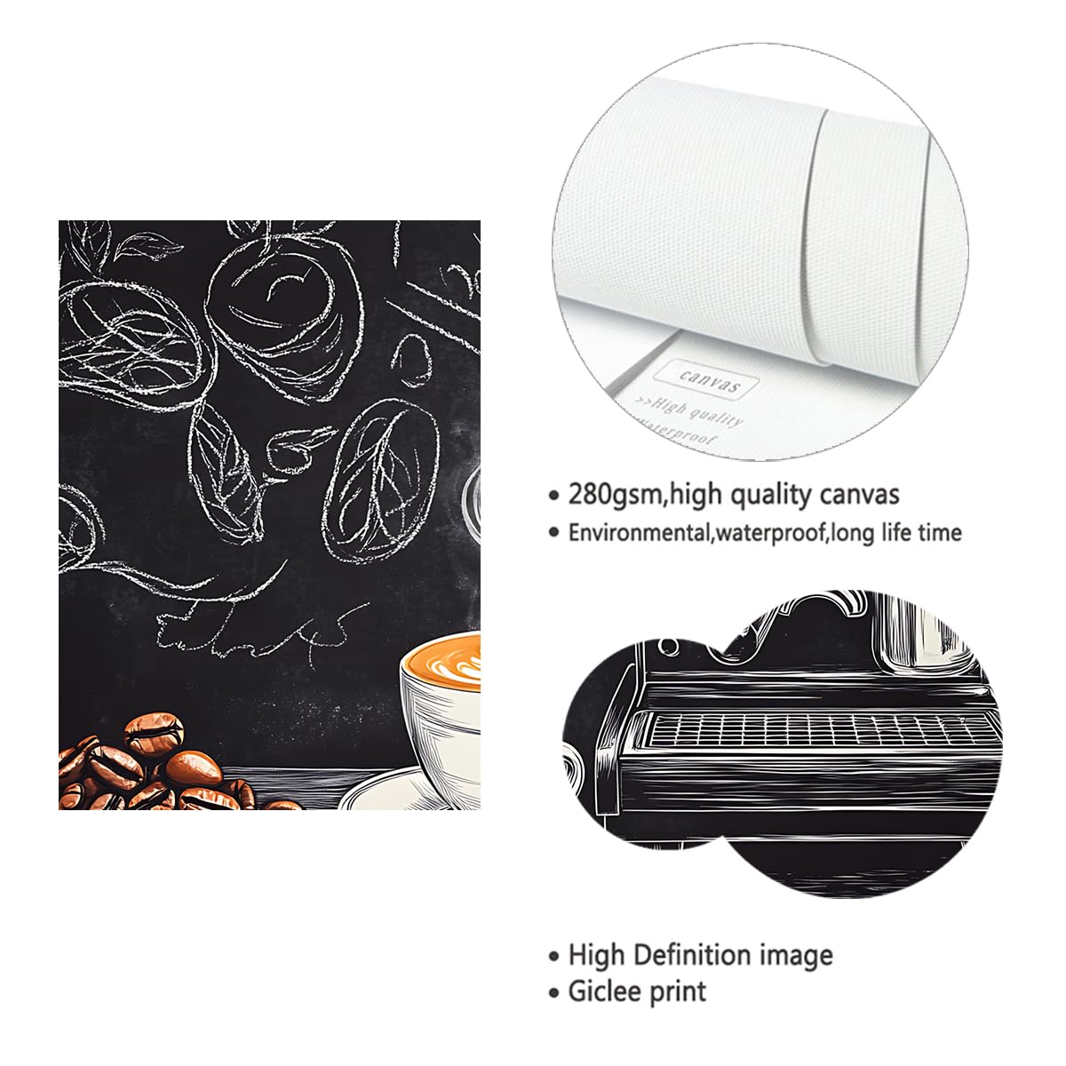 YUNART Arredamento per bar del caffè in lavagna tela per la parete stampe vintage per macchina da caffè e latte art su tela per cucina caffè negozio sala da pranzo 45x68cm Telaio interno