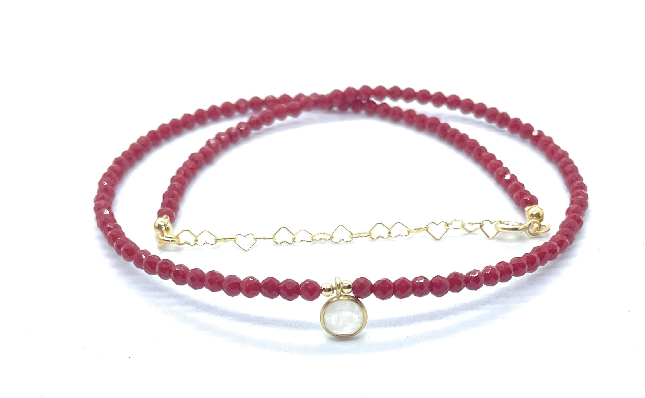 Collana di Corallo Naturale 3mm, Ciondolo in Pietra di Luna, Argento 925 Placcato, 40-45cm, Rosso