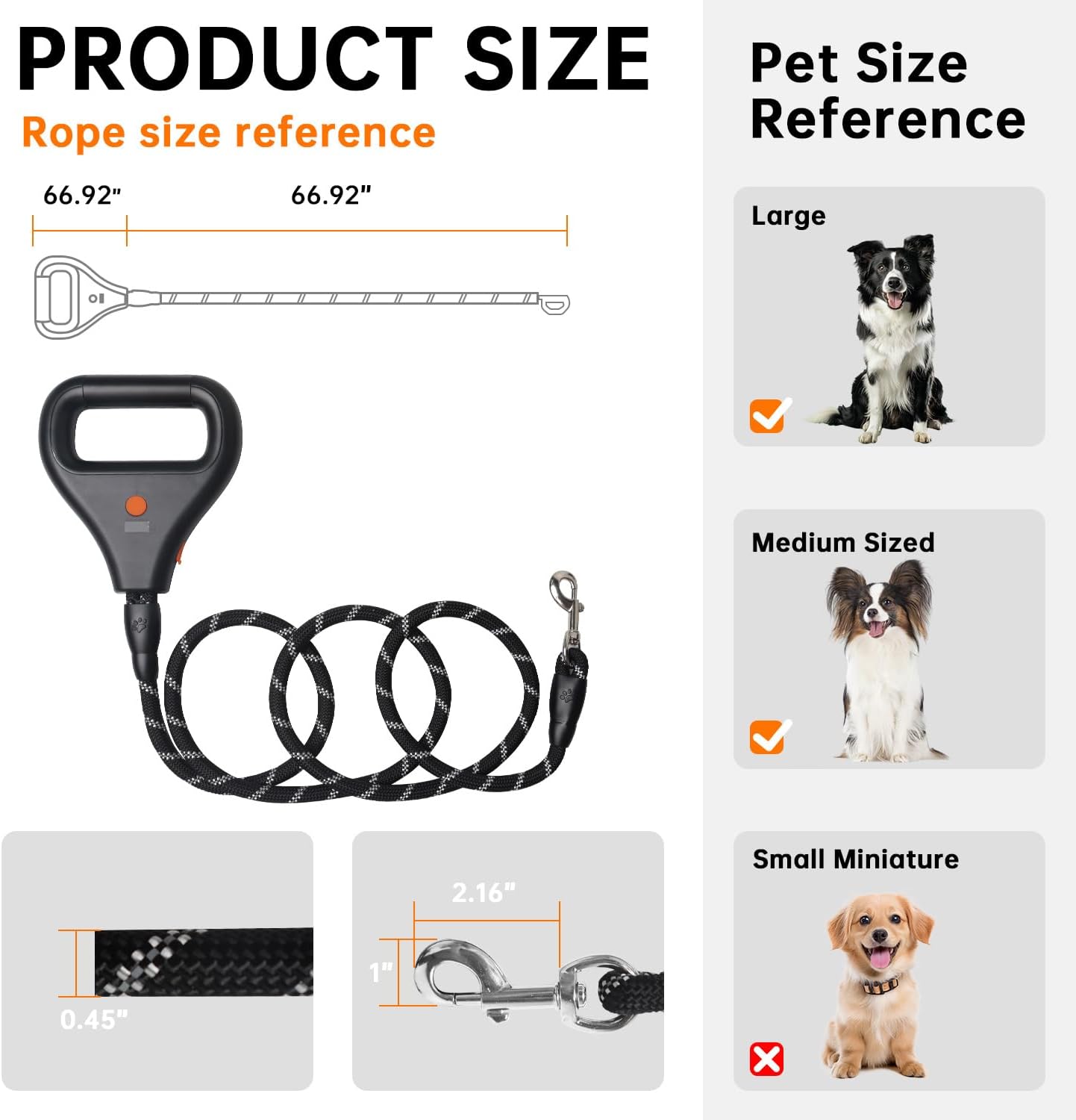 Rrechargeable Heated Dog Leash, Highly Reflective Threads Leash Rope with Rechargeable Hand Warmer for Medium Large Dogs, 1/2 inch - M