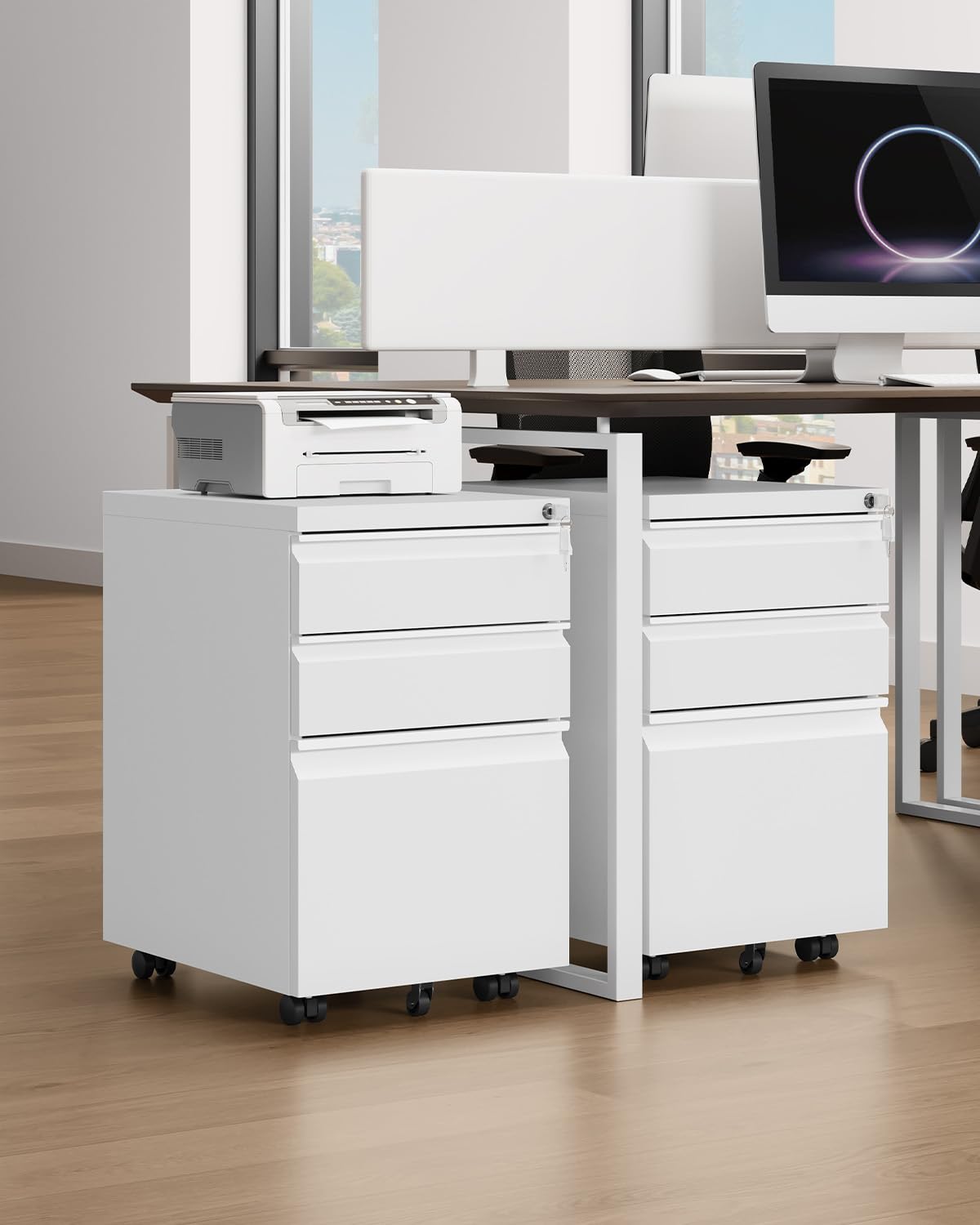 YITAHOME Mobiele archiefkast, afsluitbare archiefkasten met 3 laden voor thuiskantoor, printerstandaard, opbergkast met laden 1 deur 4 wielen, kantooropslag rollende kantoorkast, 60 x 40 x 57 cm