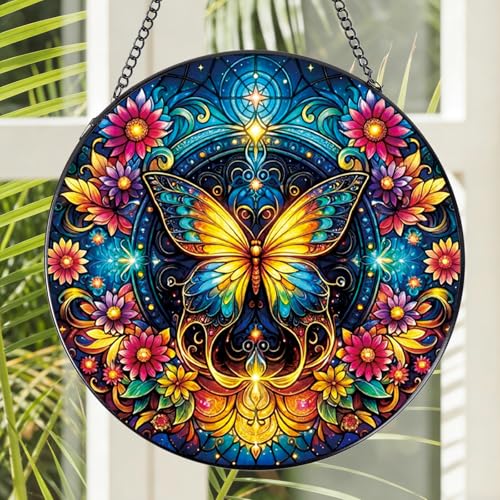 Rngmsi Stained Glass Window Hanging, 7.8″ Butterfly Flower Sun Catchers with Hook Indoor Window Decor, Decorative Suncatchers Hanging Ornaments Home Garden Art Gift for Housewarming