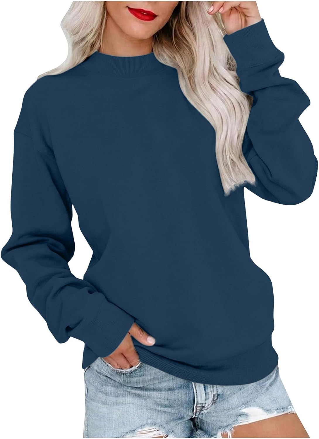 Mock Neck Sweatshirt for Women Drop Shoulder Long Sleeve Oversized Blouses Trendy Casual Fall Winter Pullover Top