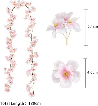 Artificial Flower Vine 2pcs Artificial Flowers Cherry Blossom Sakura Garland Wedding Arch Garden Backdrop Home Party Decoration Silk Fake Plants Vine(1.8m-Rose)