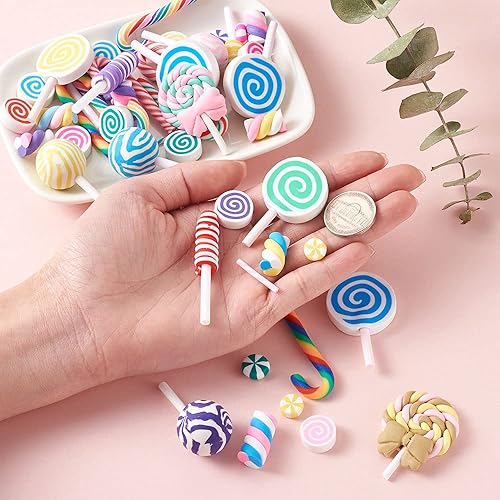 Miniatura 4 de Beadthoven - Juego de 140 piezas de cabujones de arcilla polimérica de caramelo de piruleta, 9 estilos hechos a mano, coloridos dulces de caramelos,