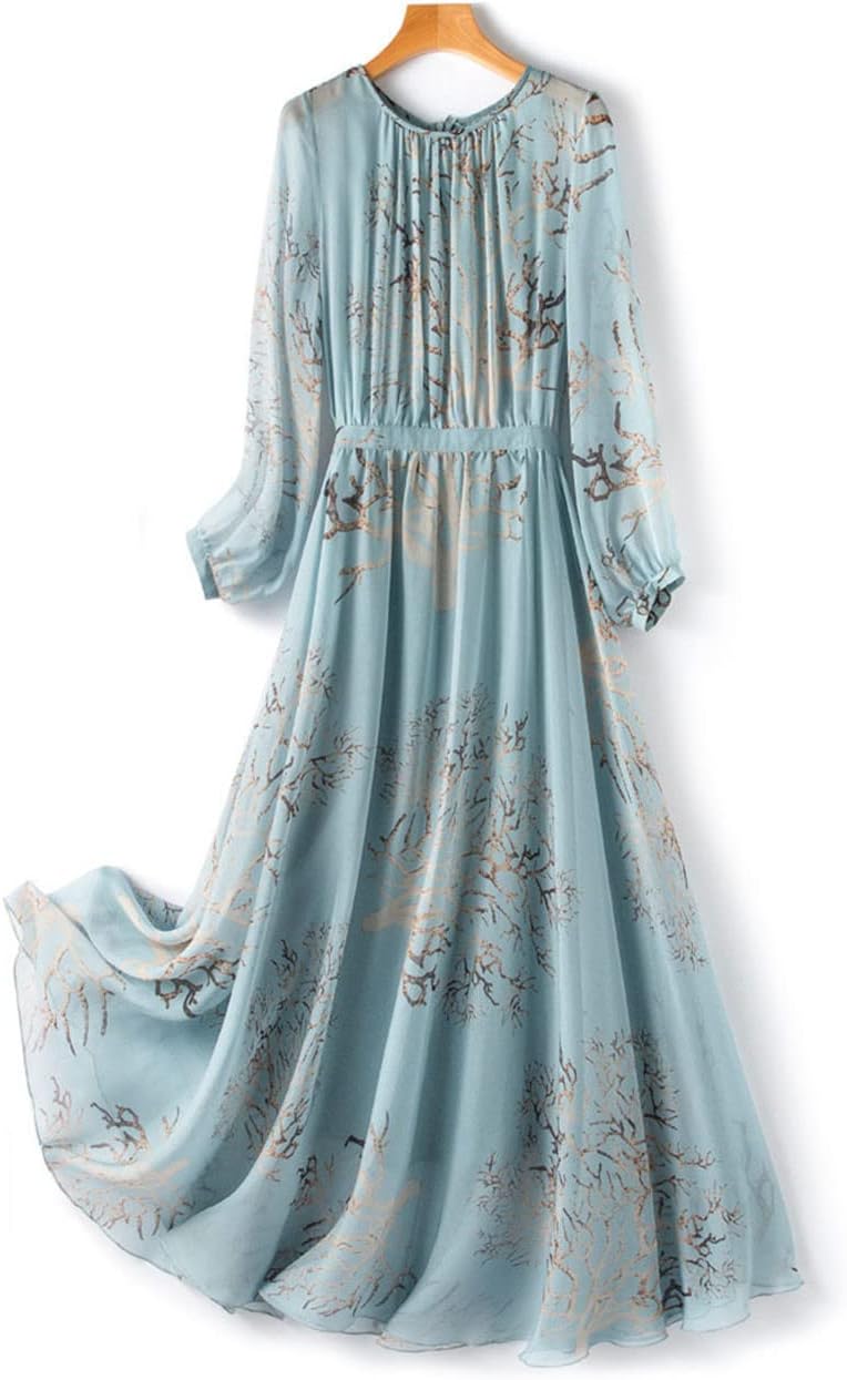 [Youllyuu] 100% マルベリー シルク ドレス女性クルーネック花柄プリント フルスリーブ ビッグ スイング ミディ ドレ